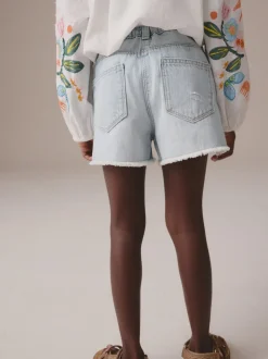 Lichtblauw - 100% katoenen shorts met gerafelde rand (3-16jr)
