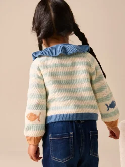 Lichtblauw - Collared Fish Stripe Cardigan (3mths-7yrs)