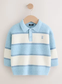 Lichtblauw - Gebreid gestreept rugbypoloshirt (3mnd-7jr)