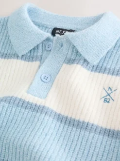 Lichtblauw - Gebreid gestreept rugbypoloshirt (3mnd-7jr)