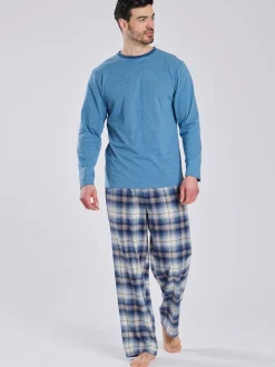 Lichtblauw - Loungeable Pyjama's Set van jersey top en geborstelde Ruit Broeken