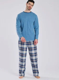 Lichtblauw - Loungeable Pyjama's Set van jersey top en geborstelde Ruit Broeken
