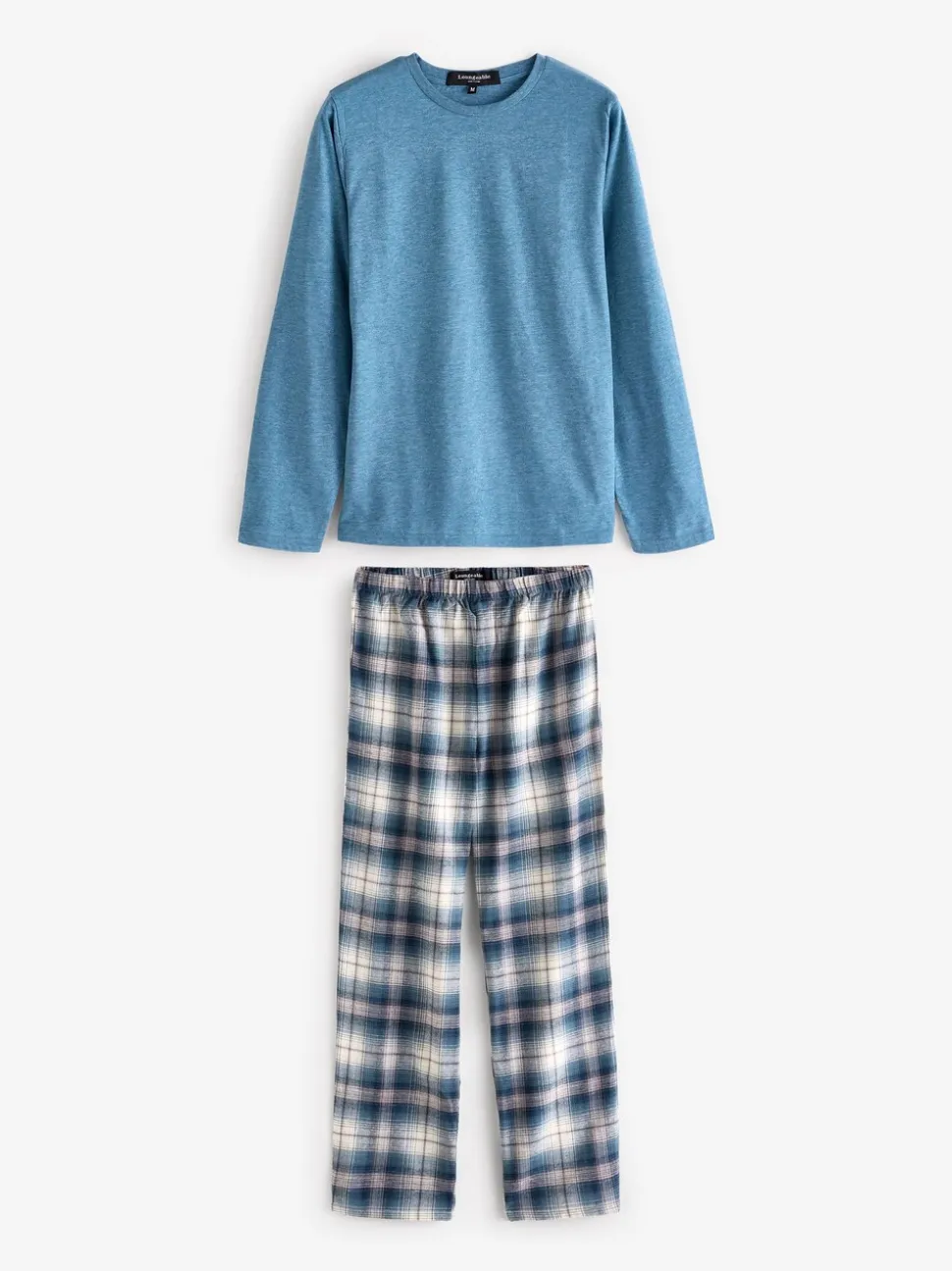 Lichtblauw - Loungeable Pyjama's Set van jersey top en geborstelde Ruit Broeken