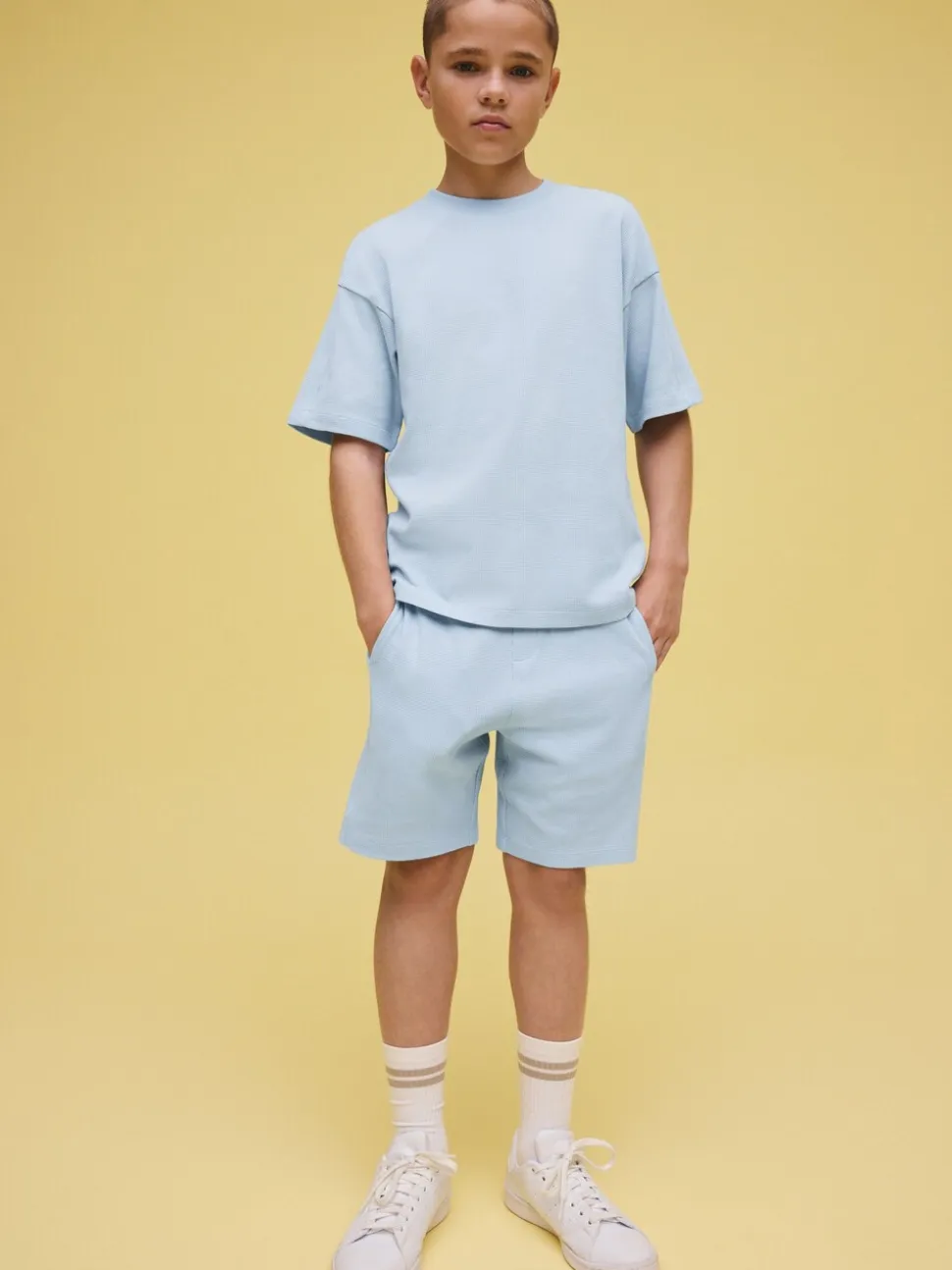 Lichtblauw - Set van T-shirt met textuur en korte mouwen en shorts (3 - 16 jr)