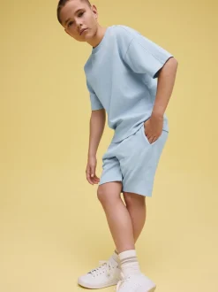 Lichtblauw - Set van T-shirt met textuur en korte mouwen en shorts (3 - 16 jr)