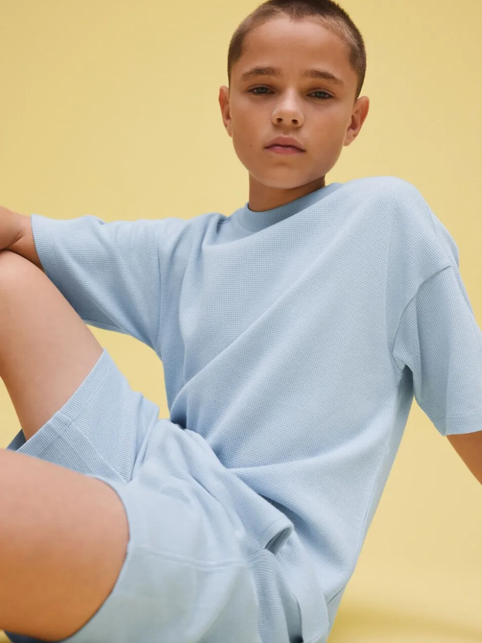 Lichtblauw - Set van T-shirt met textuur en korte mouwen en shorts (3 - 16 jr)