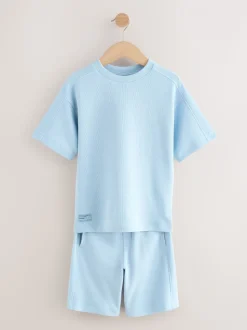 Lichtblauw - Set van T-shirt met textuur en korte mouwen en shorts (3 - 16 jr)