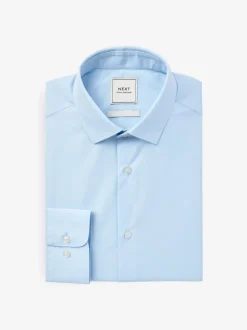 Lichtblauw - Slim Fit - Strijkvrij net overhemd met enkele manchet