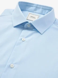 Lichtblauw - Slim Fit - Strijkvrij net overhemd met enkele manchet