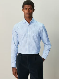Lichtblauwe gingham-ruit - Cotton Rich Long Sleeve Formal Shirt