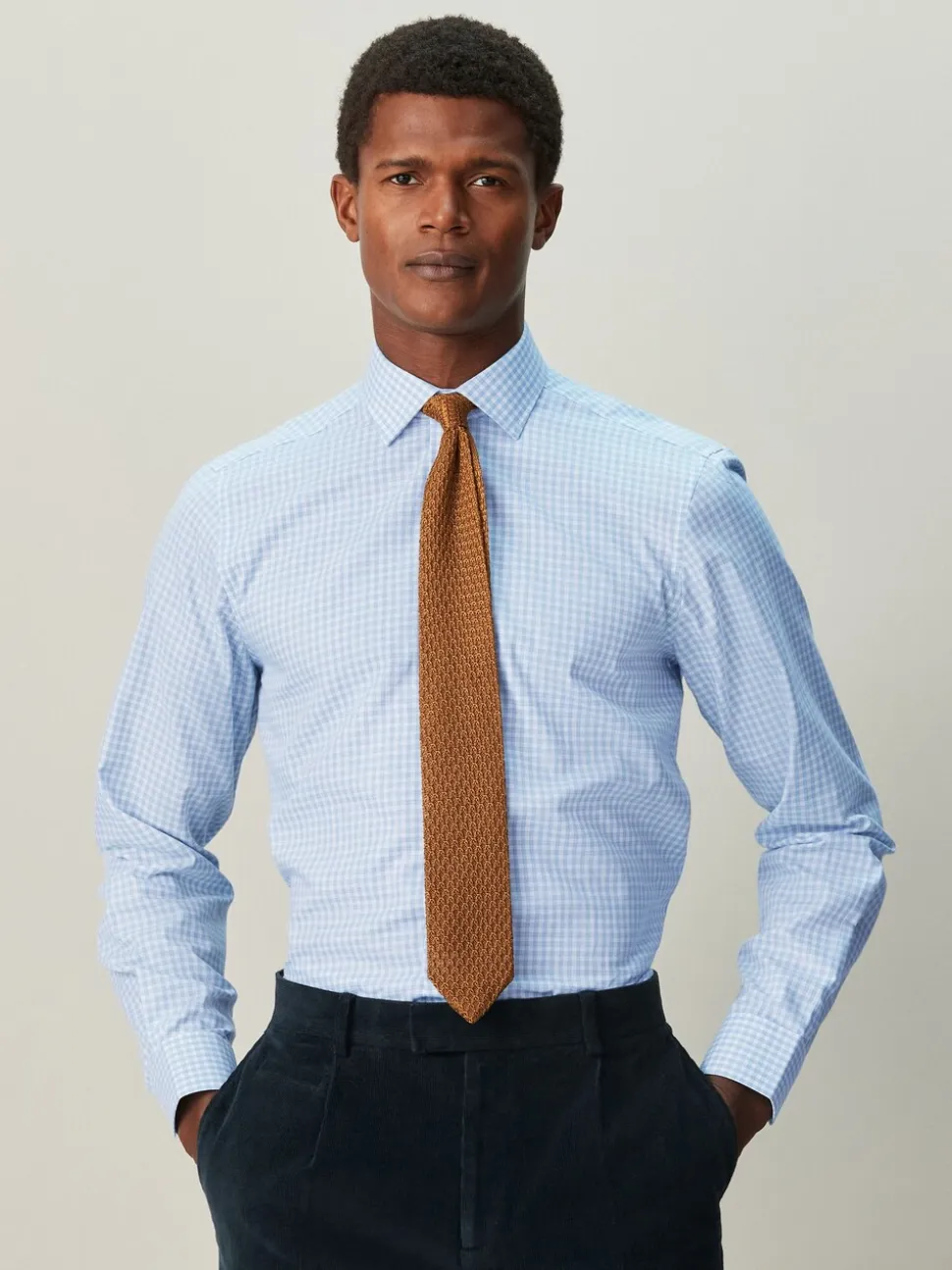 Lichtblauwe gingham-ruit - Cotton Rich Long Sleeve Formal Shirt