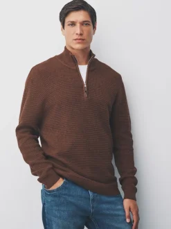 Lichtbruin - Effen - Regular Fit Cotton Rich Textured Premium Quarter Zip Jumper