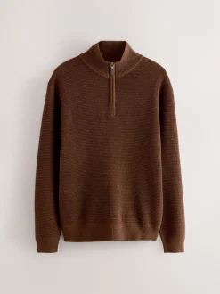 Lichtbruin - Effen - Regular Fit Cotton Rich Textured Premium Quarter Zip Jumper