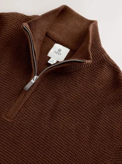 Lichtbruin - Effen - Regular Fit Cotton Rich Textured Premium Quarter Zip Jumper
