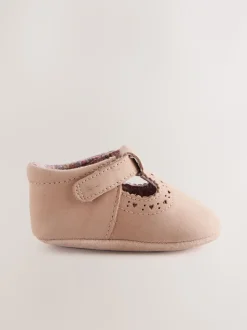 Lichtbruin - Leren babyschoen met T-bandje (0 - 24 mnd)