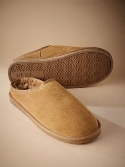 Lichtbruin - Met imitatiebont gevoerde Signature suède pantoffelmuiltjes