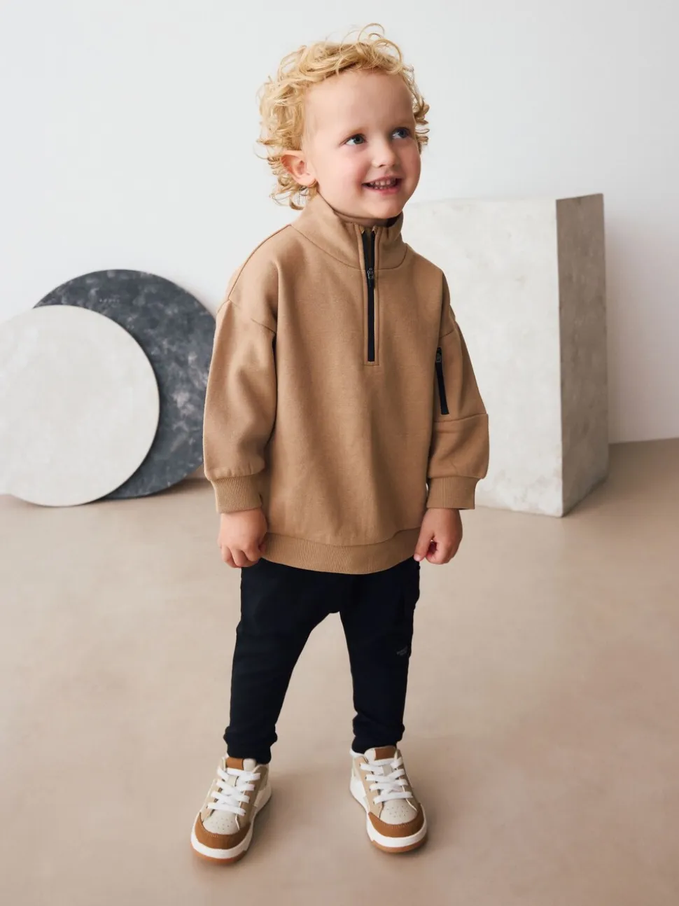 Lichtbruin - Set van top met halve rits en joggingbroek (3mnd-7jr)