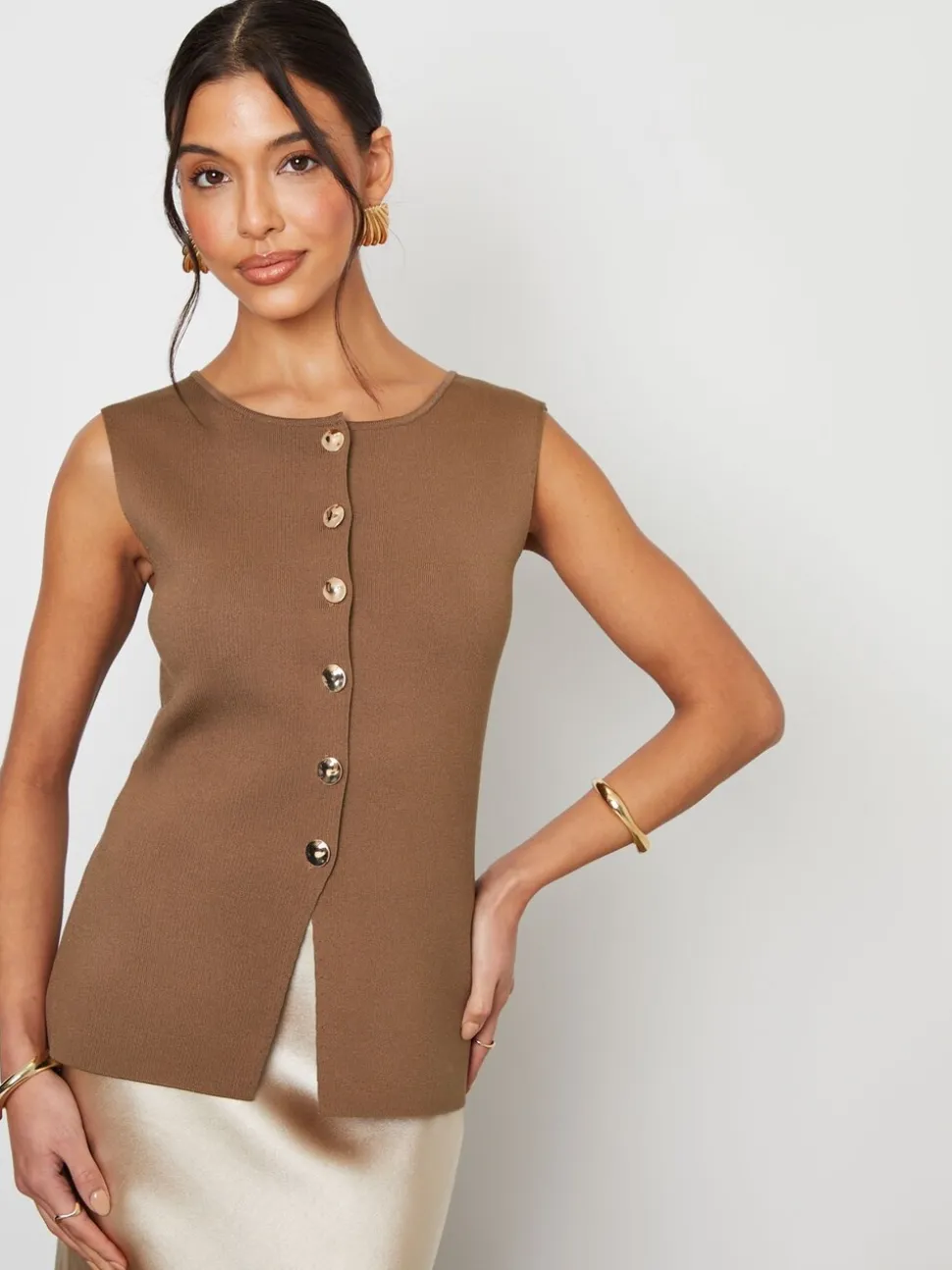 Lichtbruin - Threadbare Ribbed Knitted Waistcoat