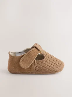 Lichtbruin geweven suède - Leren babyschoen met T-bandje (0 - 24 mnd)