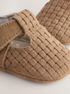 Lichtbruin geweven suède - Leren babyschoen met T-bandje (0 - 24 mnd)