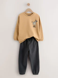 Lichtbruin/Ecru/Antracietgrijs - Set met sweatshirt en joggingbroek (3mnd -7jr)