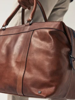 Lichtbruin/marineblauw - Leather Weekend Holdall Bag