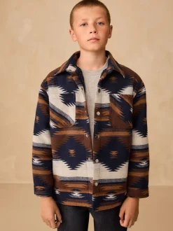 Lichtbruin/Marineblauw Ikat-patroon - Gevoerde shacket (3-16jr)