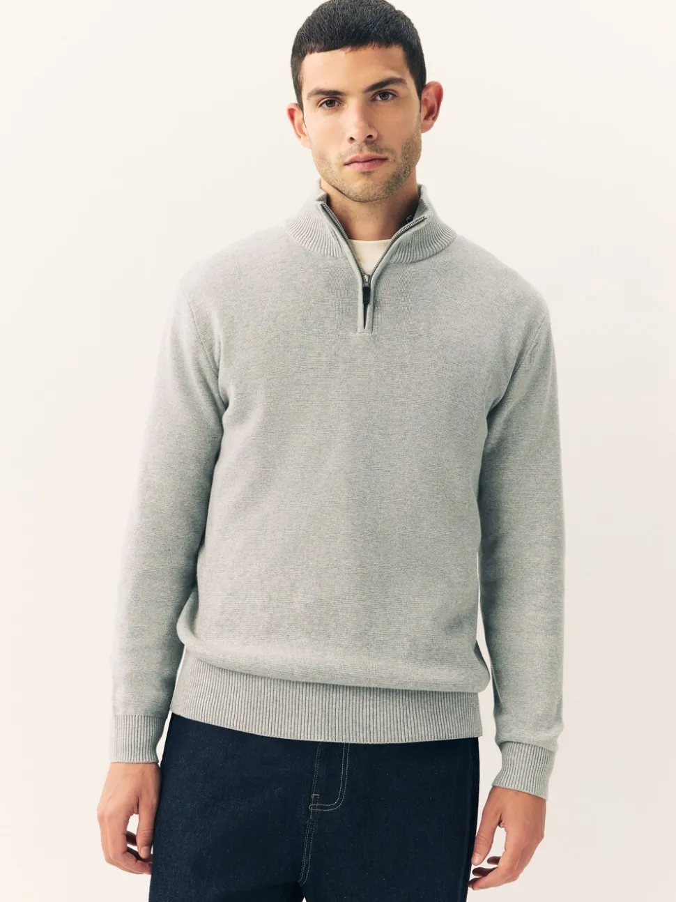Lichtgrijs - Effen - Regular fit 100% katoenen premium trui met korte rits