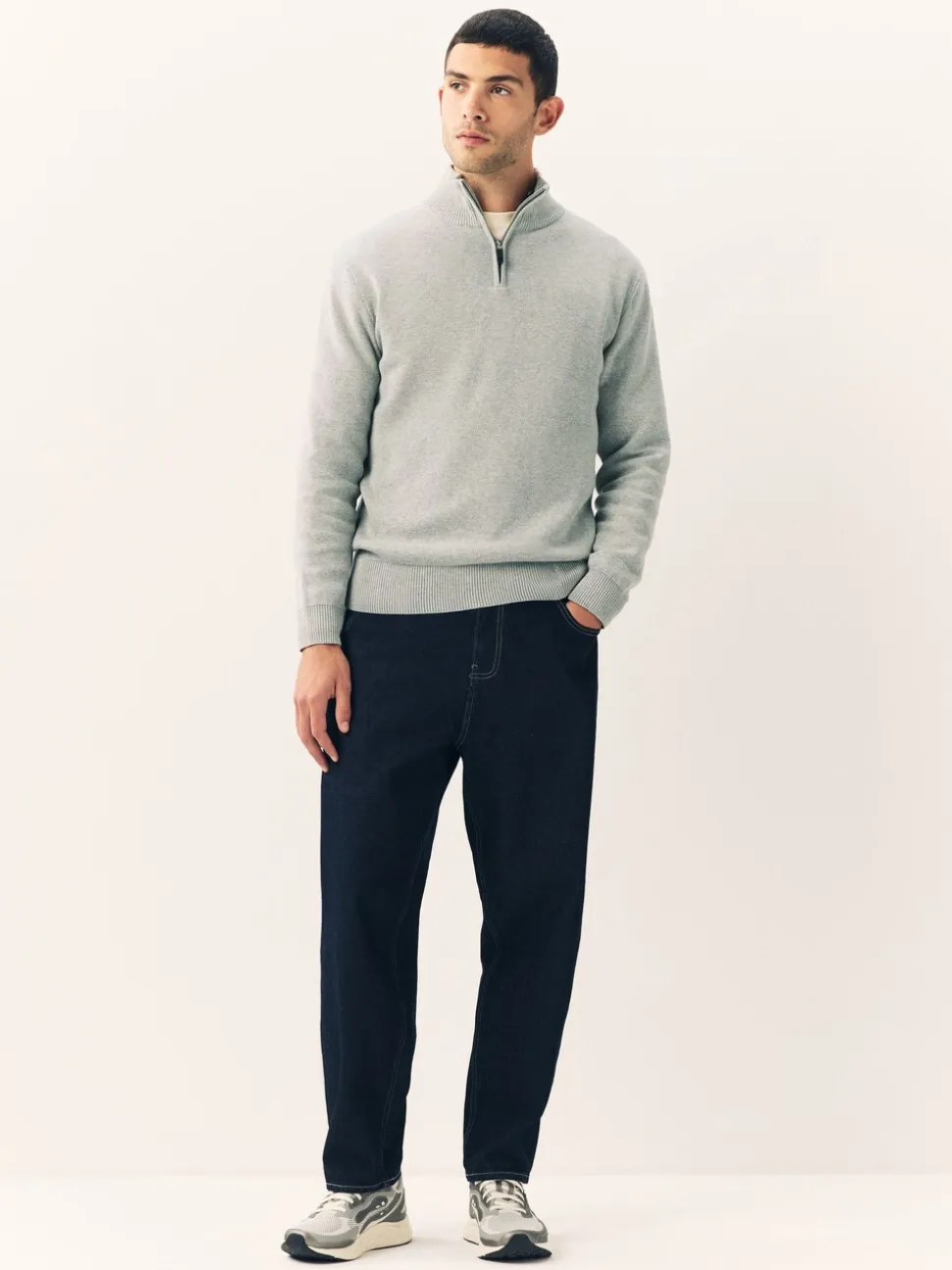 Lichtgrijs - Effen - Regular fit 100% katoenen premium trui met korte rits