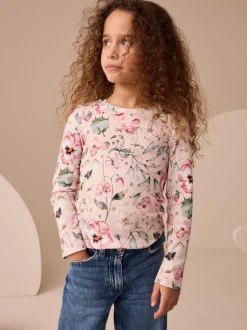Lichtroze met bloemenprint - Geribbelde top met lange mouwen (3-16 jr)