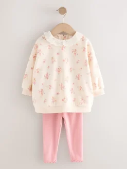 Lichtroze met fijne bloemenprint - Set van sweatshirt met kraag en legging (3mnd-7jr)