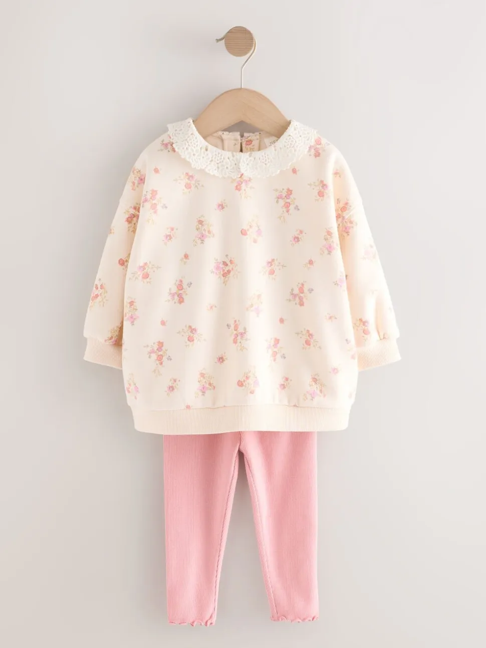 Lichtroze met fijne bloemenprint - Set van sweatshirt met kraag en legging (3mnd-7jr)