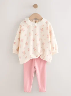Lichtroze met fijne bloemenprint - Set van sweatshirt met kraag en legging (3mnd-7jr)