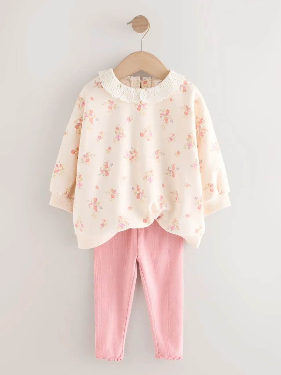 Lichtroze met fijne bloemenprint - Set van sweatshirt met kraag en legging (3mnd-7jr)