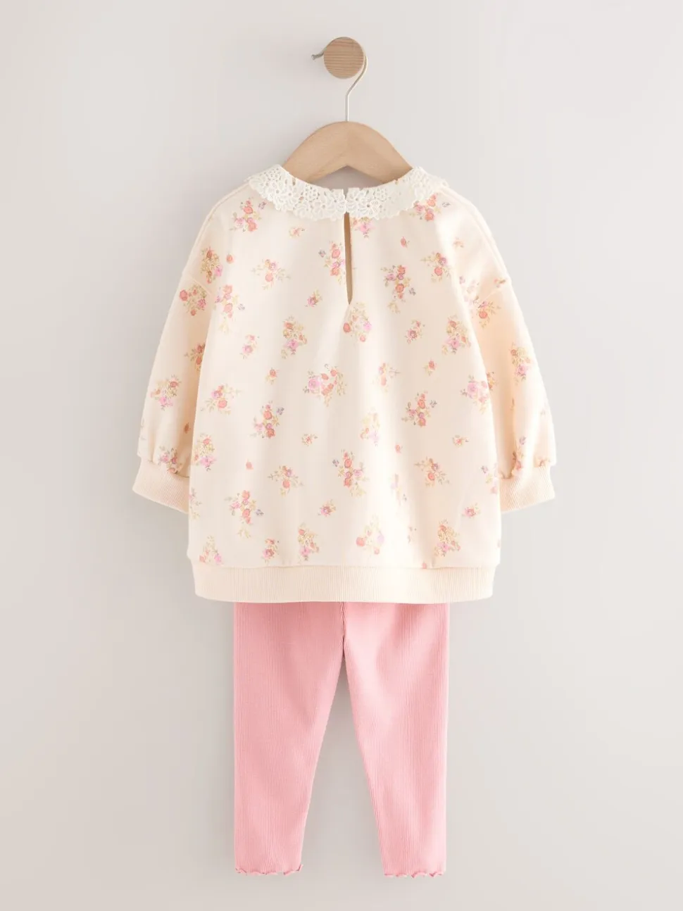 Lichtroze met fijne bloemenprint - Set van sweatshirt met kraag en legging (3mnd-7jr)