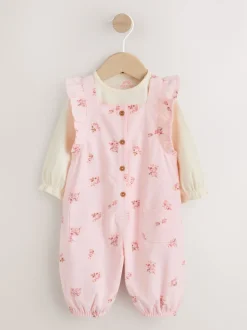 Lichtroze met fijne print - Baby Print Bodysuit met Lange mouwen en Corduroy bretelbroeken Set 2 Pieces (0mnd -2jr)