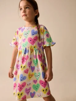 Light Yellow Heart Print - Jersey jurk met korte mouwen (3-16 jr)