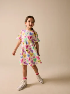Light Yellow Heart Print - Jersey jurk met korte mouwen (3-16 jr)