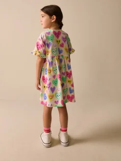 Light Yellow Heart Print - Jersey jurk met korte mouwen (3-16 jr)