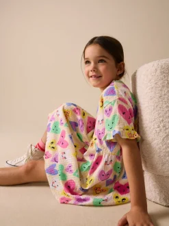 Light Yellow Heart Print - Jersey jurk met korte mouwen (3-16 jr)