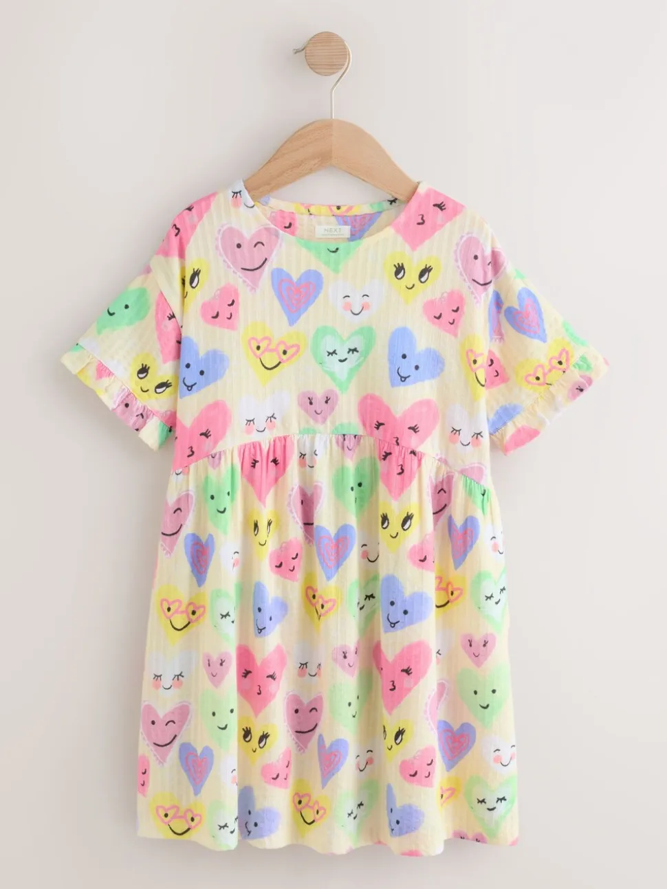 Light Yellow Heart Print - Jersey jurk met korte mouwen (3-16 jr)