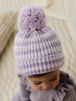 Lila ton-sur-ton - Gebreide babymuts van chenille met pompon (0mnd-2jr)