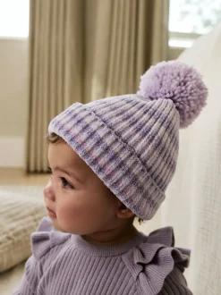 Lila ton-sur-ton - Gebreide babymuts van chenille met pompon (0mnd-2jr)