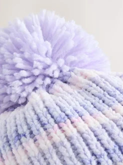 Lila ton-sur-ton - Gebreide babymuts van chenille met pompon (0mnd-2jr)