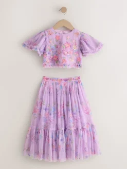 Lila-paars - Floral Embellished Top and Skirt Lehenga Set (3-16yrs)