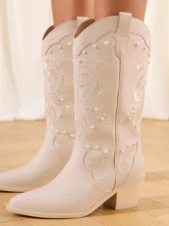 Lipsy Bridal Pearl Embellished Mid Calf Western Boots