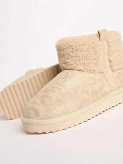 Lipsy Faux Shearling Lined Print Pull On Slipper Ankle Boots