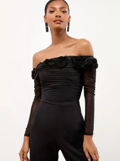 Lipsy Flower 3D Trim Bardot Long Sleeve Mesh Jumpsuit