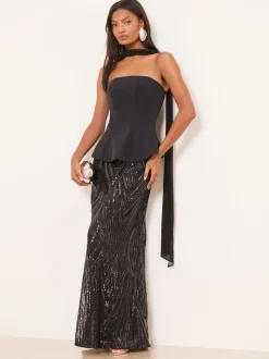 Lipsy Premium Bandeau Corset Sequin Combination Maxi Dress