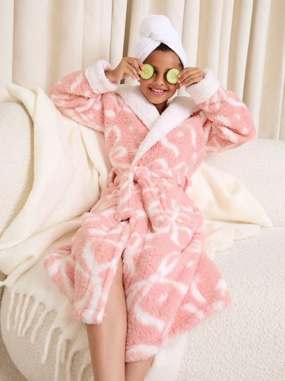 Lipsy Soft Touch Borg Bow Hooded Dressing Gown (5-16yrs)